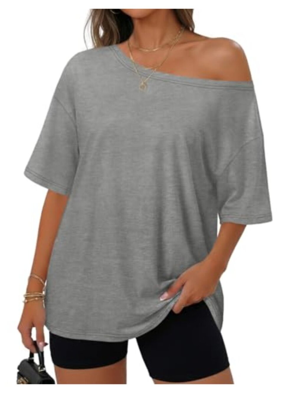 Off Shoulder Oversized T-Shirt Short Sleeve Cotton Blend Casual Top